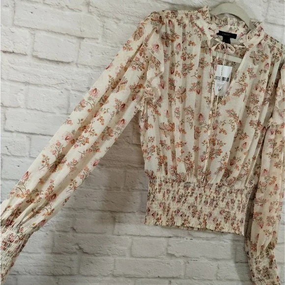 O Forever 21 Cream Wildflower Neck Tie Smocked Cropped Long Sleeve Top NWT M - Picture 10 of 13
